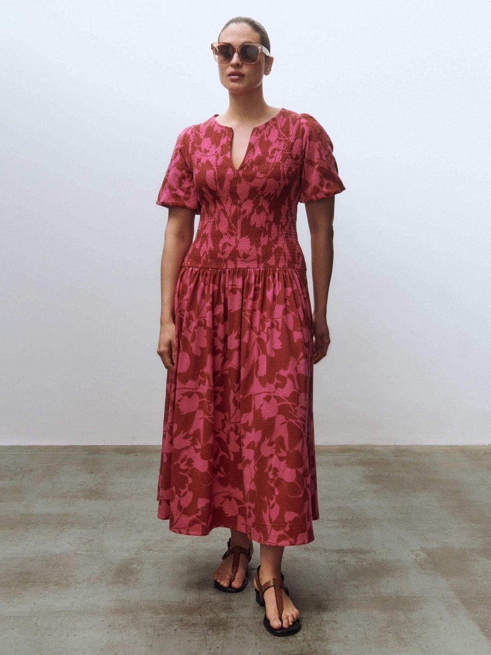 ME+EM Smocked Two Tone Tulip Printed Maxi Dress